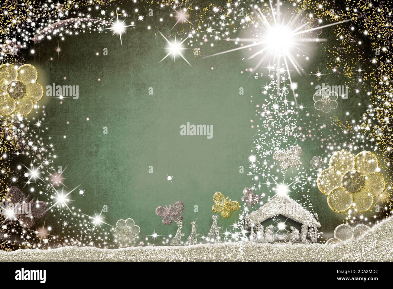 Cartes de voeux pour la scène de Noël magique, dessin abstrait à main levée de la scène de Nativité et trois Sages avec fleurs et papillons, argent Banque D'Images