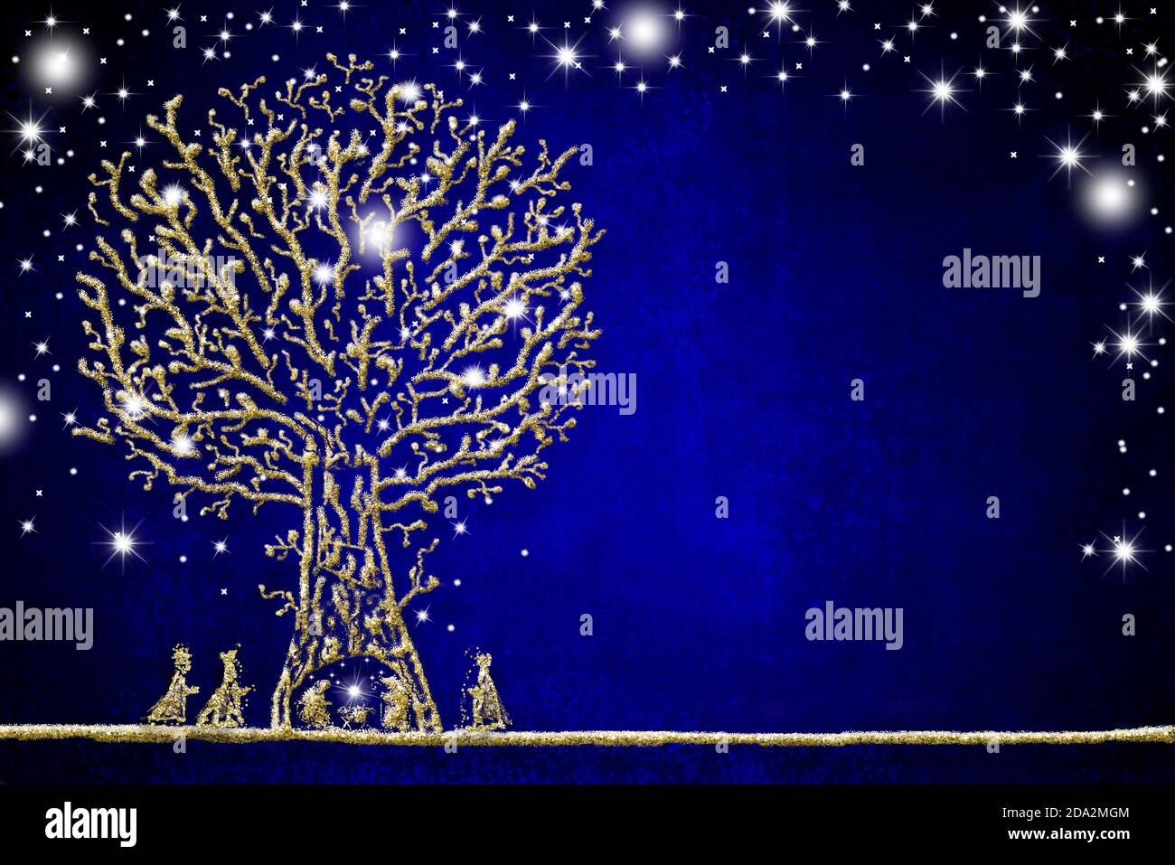 Cartes de voeux pour la scène Nativité de Noël, dessin abstrait à main levée de la scène Nativité, trois Sages et arbre avec paillettes dorées sur papier bleu Banque D'Images