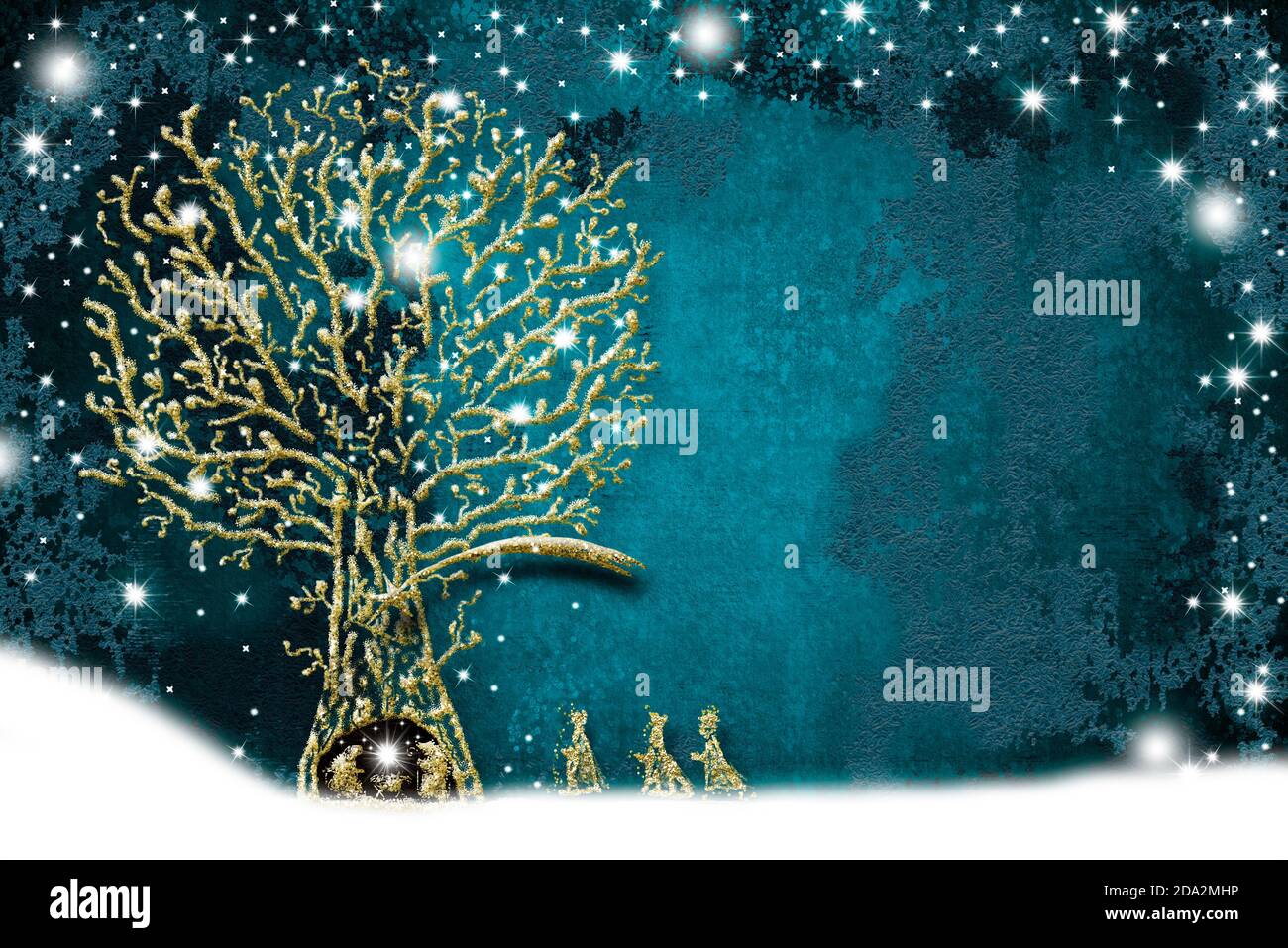 Cartes de voeux pour la scène Nativité de Noël, dessin abstrait à main levée de la scène Nativité, trois Sages, neige et arbre avec paillettes dorées sur le Pape bleu Banque D'Images