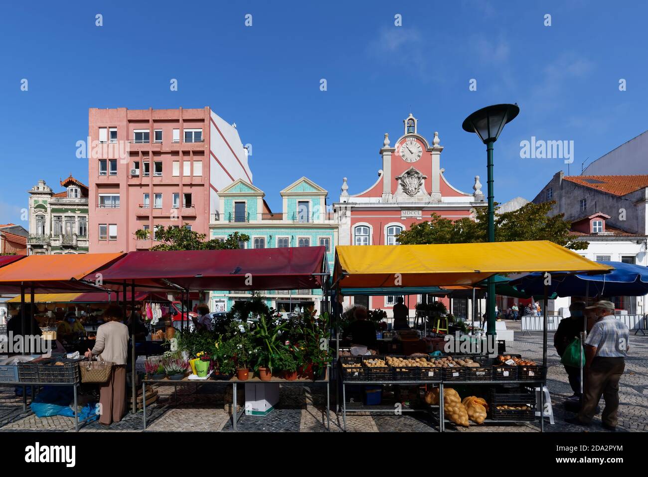 Stands de fruits et légumes dans le marché agricole quotidien, ancien hôtel de ville derrière, place de la République, Caldas da Rainha, Estrémadure, Portugal Banque D'Images