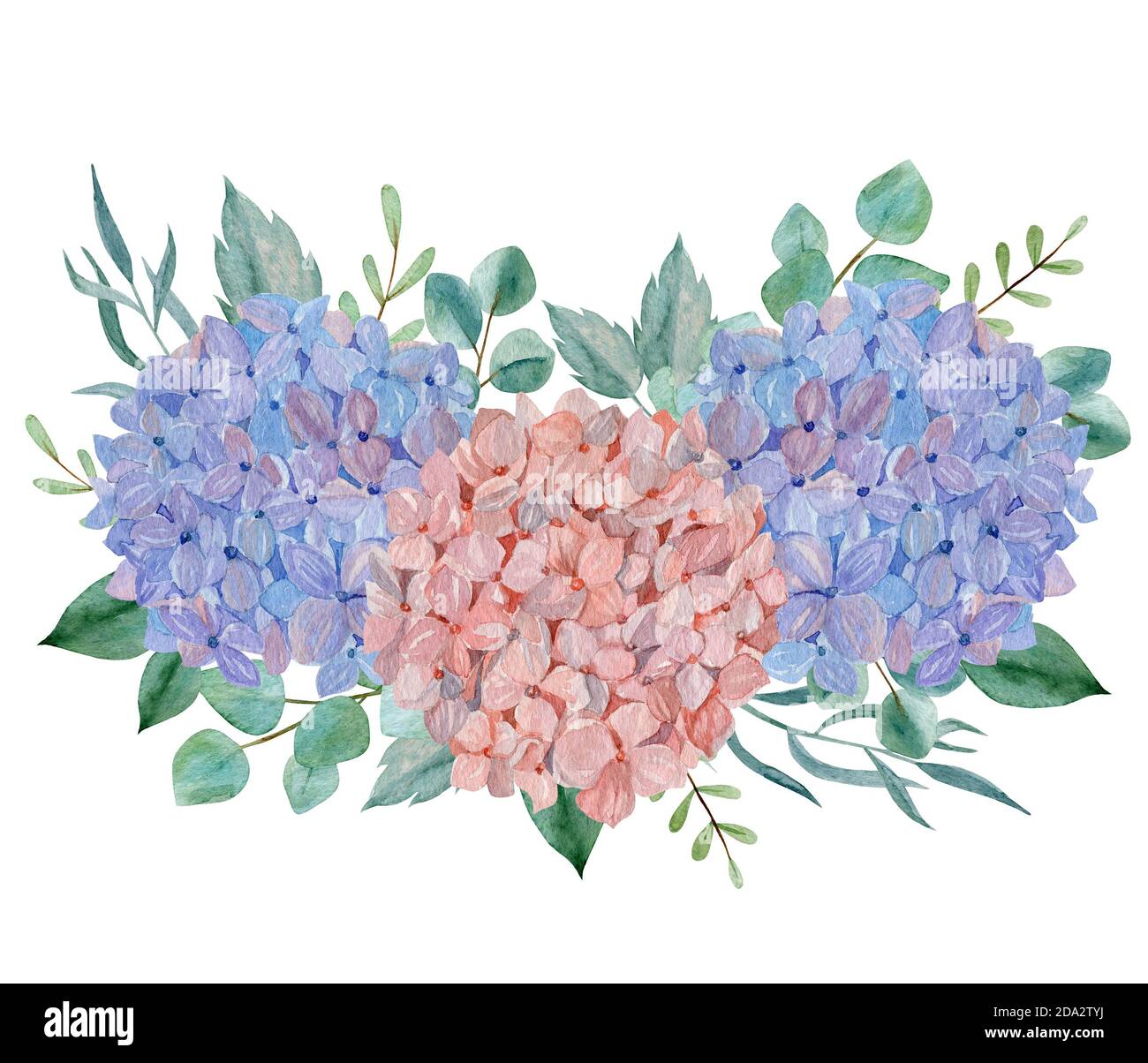 Fleurs bleues et roses avec chapelet de feuilles vertes pour votre décoration. Banque D'Images