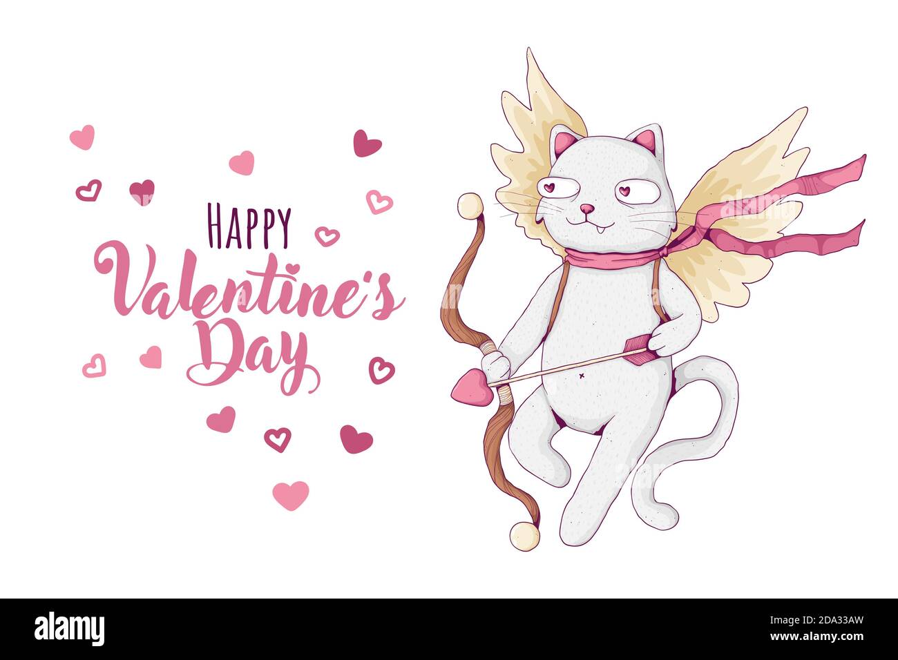 Chat Blanc Mignon Avec Noeud Cupid Et Ailes Concept De La Saint Valentin Joyeux Texte De La Saint Valentin Avec Coeurs Illustration Vectorielle De Style Dessin Anime Pour Image Vectorielle Stock Alamy