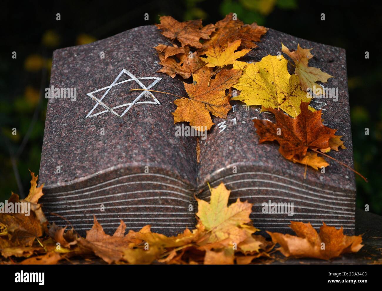 Erfurt, Allemagne. 09ème novembre 2020. Les feuilles d'automne se trouvent sur une pierre commémorative avec l'étoile de David lors d'un service commémoratif au cimetière juif. Aujourd'hui est l'anniversaire de la nuit pogrom du 9 novembre 1938. Pendant les pogroms de novembre dans la nuit du 9 au 10 novembre 1938, les socialistes nationaux de toute l'Allemagne ont incendié des synagogues, des boutiques et des appartements juifs et ont maltraité, enlevé et assassiné des citoyens juifs. Credit: Martin Schutt/dpa-Zentralbild/dpa/Alay Live News Banque D'Images