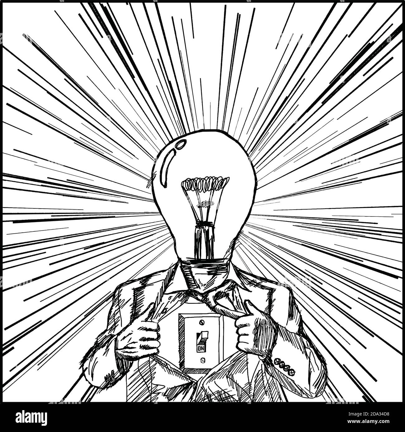 L'illustration vectorielle griffise les hommes d'affaires dessinés à la main avec la tête de lampe qui agit comme un super héros et de déchirer sa chemise avec le commutateur sur le bouton sur ses lampes Illustration de Vecteur