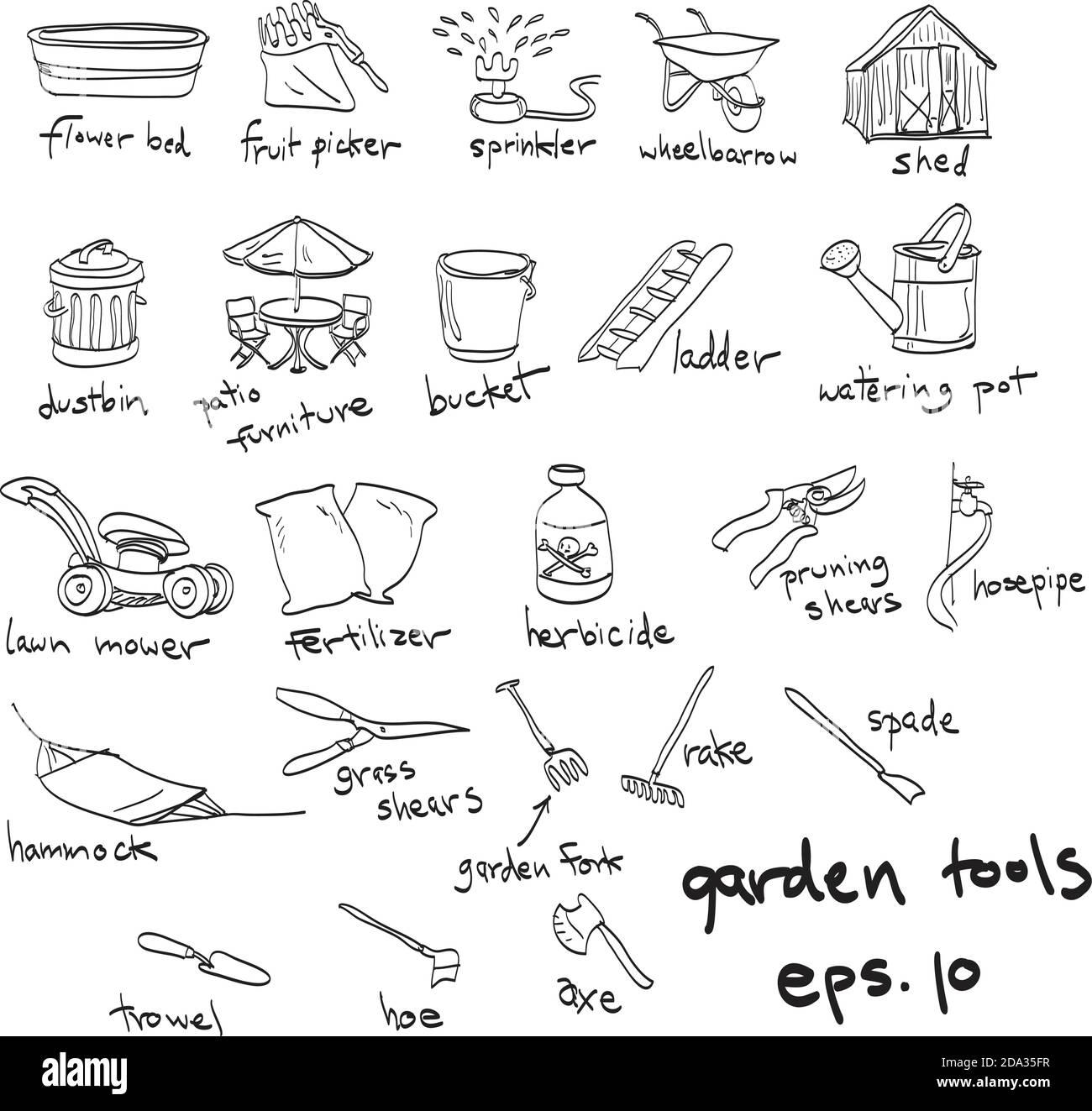 outils de jardin vectoriels dessinés à la main, gribouillages Illustration de Vecteur
