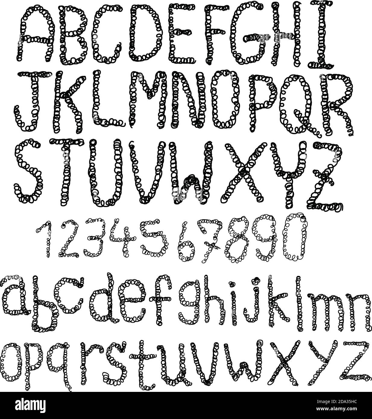 Dessin à la main classique esquissé avec police de lignes courbes, alphabet de style d'esquisse vectoriel. Illustration de Vecteur