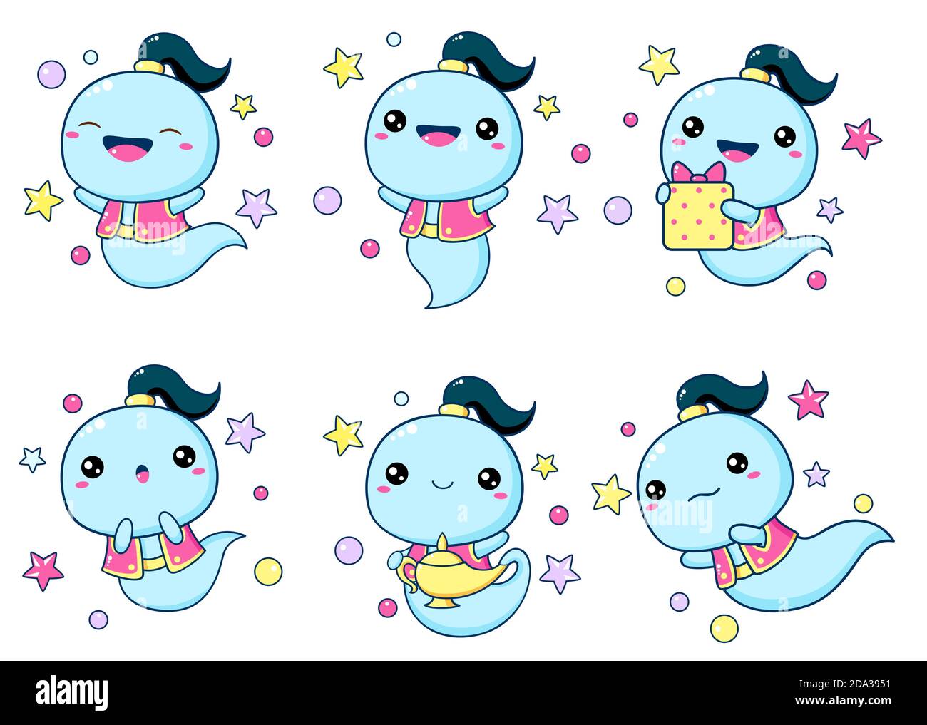 Ensemble de kawaii genie. Collection de petits génie exprimant différentes émotions. Personnages de conte de fées mignons. Vecteur EPS 8 Illustration de Vecteur