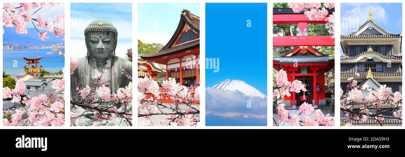 Saison des fleurs de Sakura au Japon. Ensemble de bannières verticales avec des points de repère du Japon. Volcan Fuji, statue du Grand Bouddha, porte O-Torii, château d'Okayama Banque D'Images