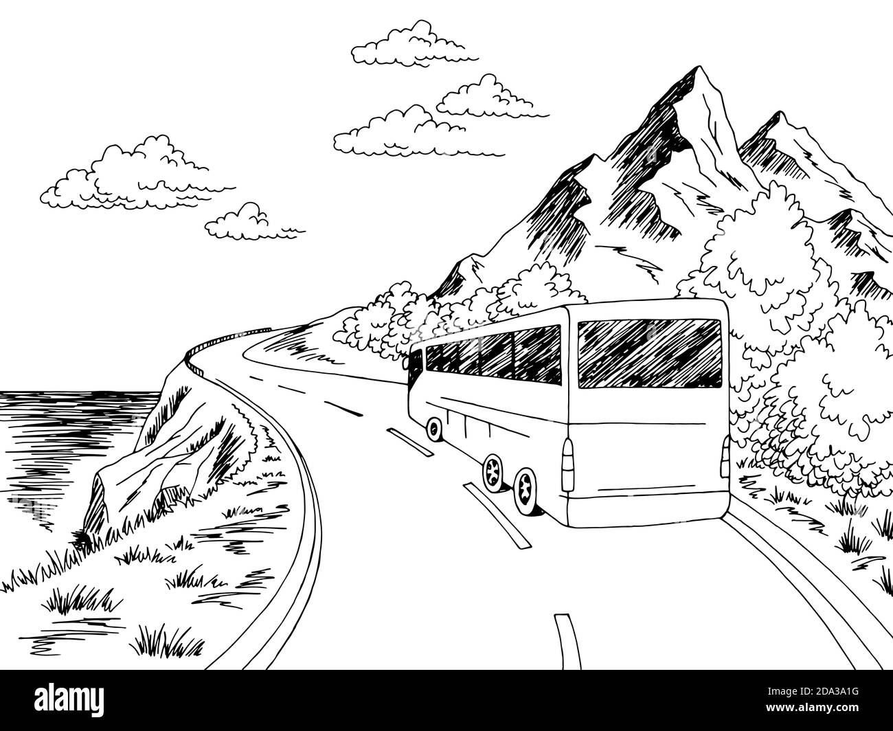 Bus voyage route graphique noir blanc paysage dessin vecteur d'illustration Illustration de Vecteur