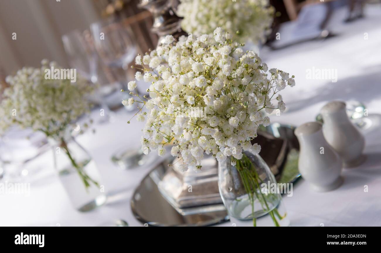 Fleurs en bouteilles de lait en verre sur une table lors d'une réception de mariage. Banque D'Images