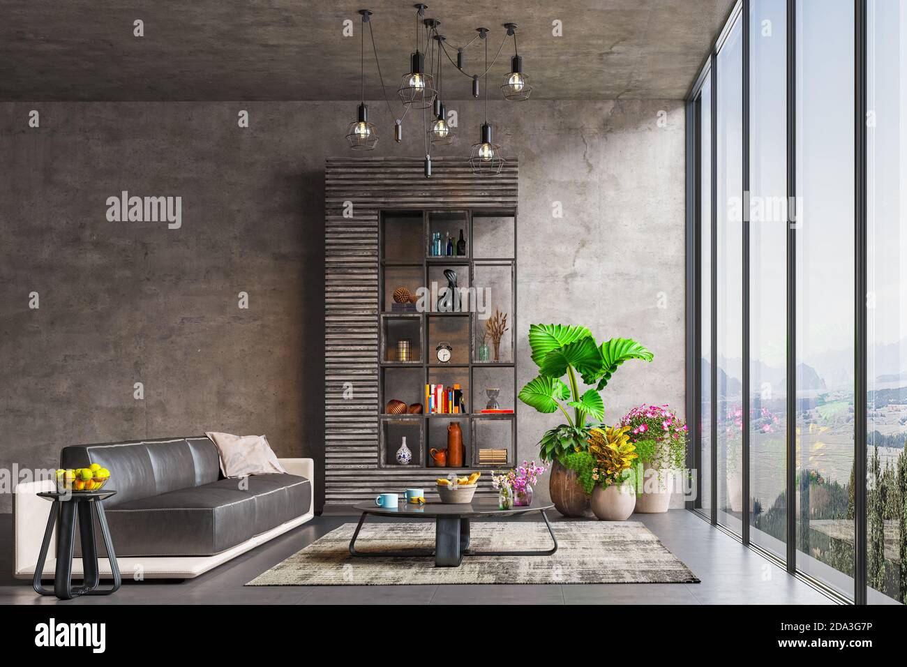 Décoration intérieure moderne d'un salon dans un appartement, maison, bureau, un canapé confortable, des détails lumineux et modernes de l'intérieur et de la lumière de la fenêtre a Banque D'Images