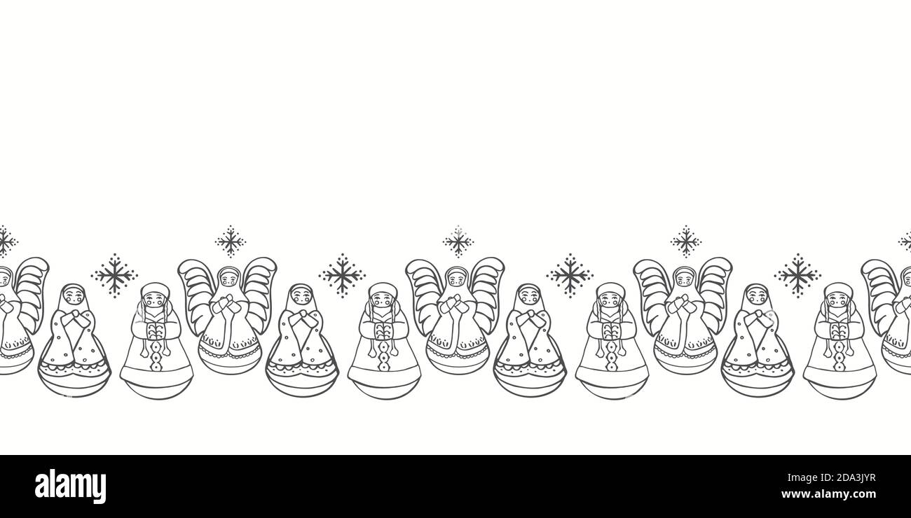 Vector mignon matrjoschka bordure de noël. Motif géométrique de Noël sans couture avec poupée russe stylisée et décoration de noël sur fond blanc. Doodle, style art de la ligne. Parfait pour le tissu, l'emballage et l'emballage-cadeau. Illustration de Vecteur