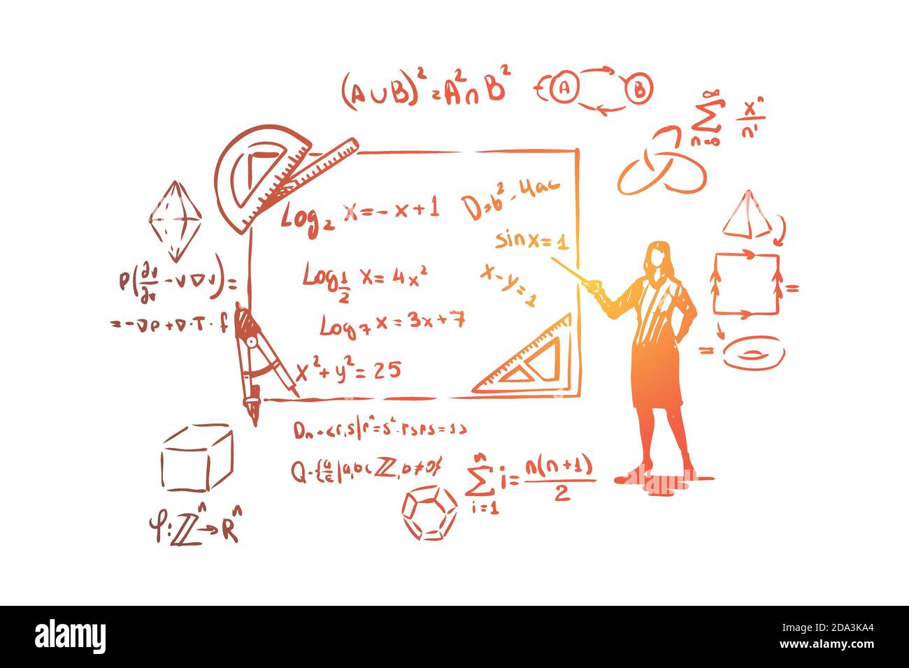 Mathématicien avec pointeur, épreuve théorème, outils de papeterie, équations et formules complexes Illustration de Vecteur