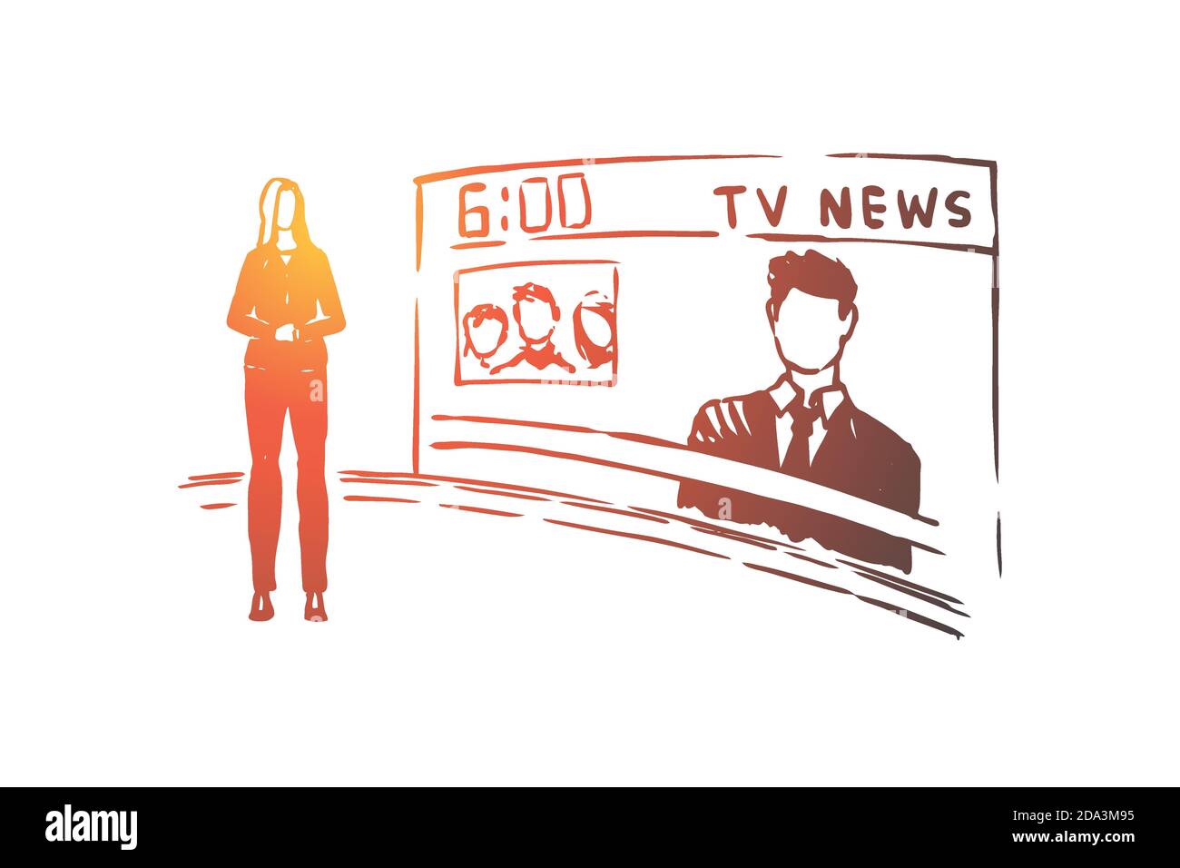 Femme de chambre, profession de jeune homme, femme présentatrice professionnelle, émission de télévision, médias de masse Illustration de Vecteur