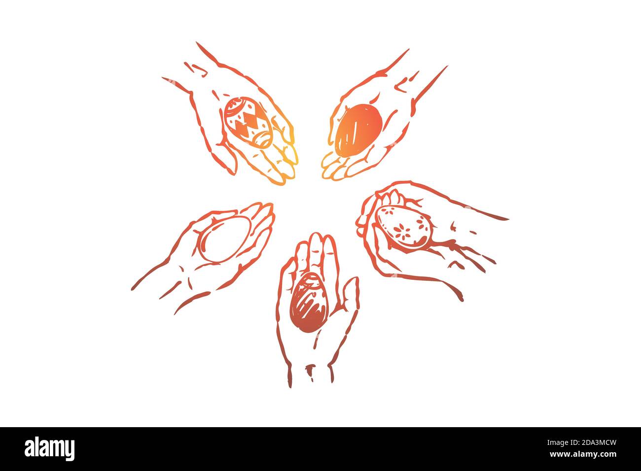 Personnes tenant divers oeufs de pâques dans les mains, décoré pysanka dans les palmiers, tradition pascale, togetherness Illustration de Vecteur