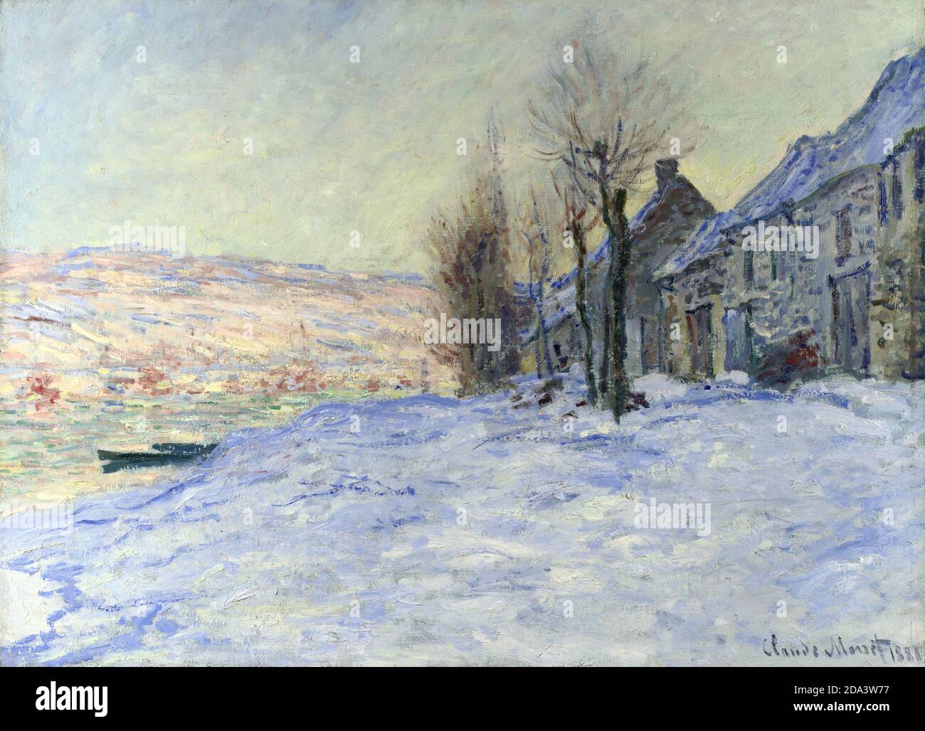 Peinture à l'huile par Claude Monet, paysage d'hiver avec une maison 'Lavacourt sous la neige' 1908 Banque D'Images