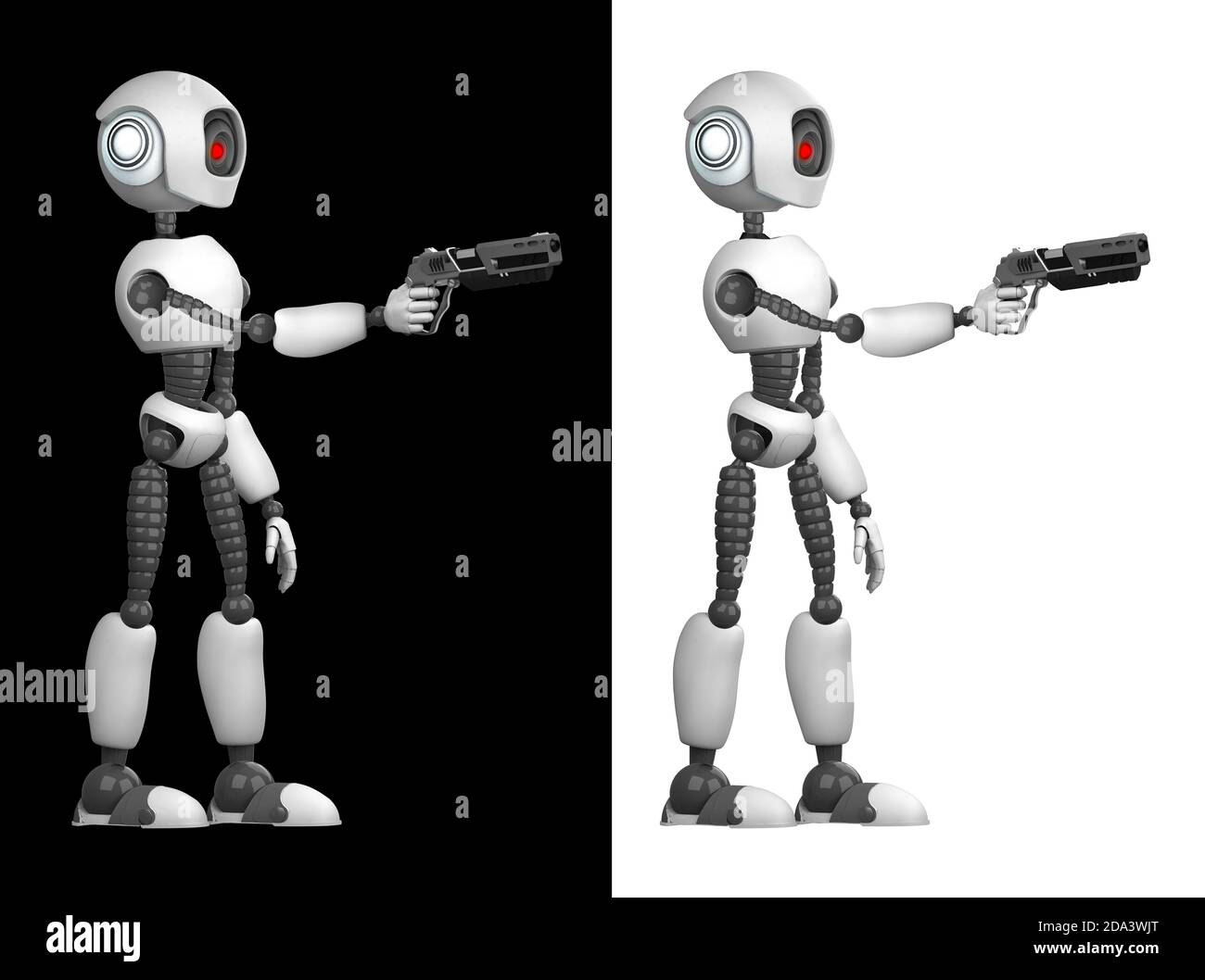 Un robot humanoïde agressif avec une arme dans ses mains. Isolé sur fond noir et blanc. Futur concept avec robotique et intelligence artificielle Banque D'Images