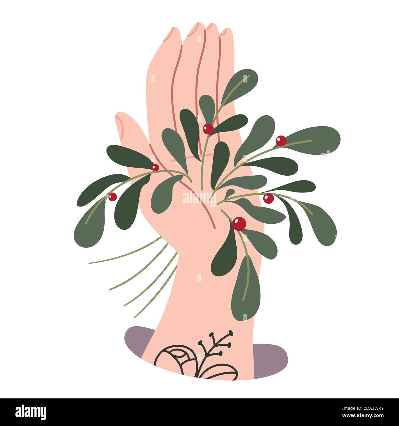 Art. Mistletoe pousse de la main.Meet-moi sous le mistletoe.Illustration pour le livre des enfants.illustration simple. Affiche mignonne. Style scandinave . Illustration de Vecteur