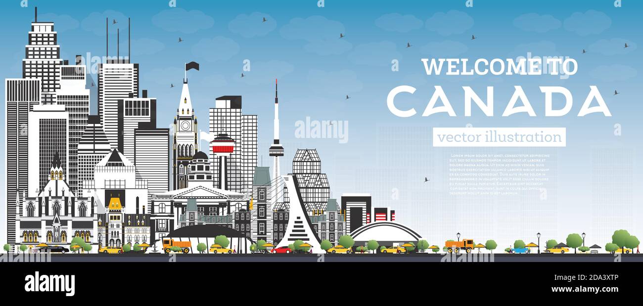 Bienvenue à Canada City Skyline avec bâtiments gris et ciel bleu. Illustration vectorielle. Concept avec architecture historique. Illustration de Vecteur