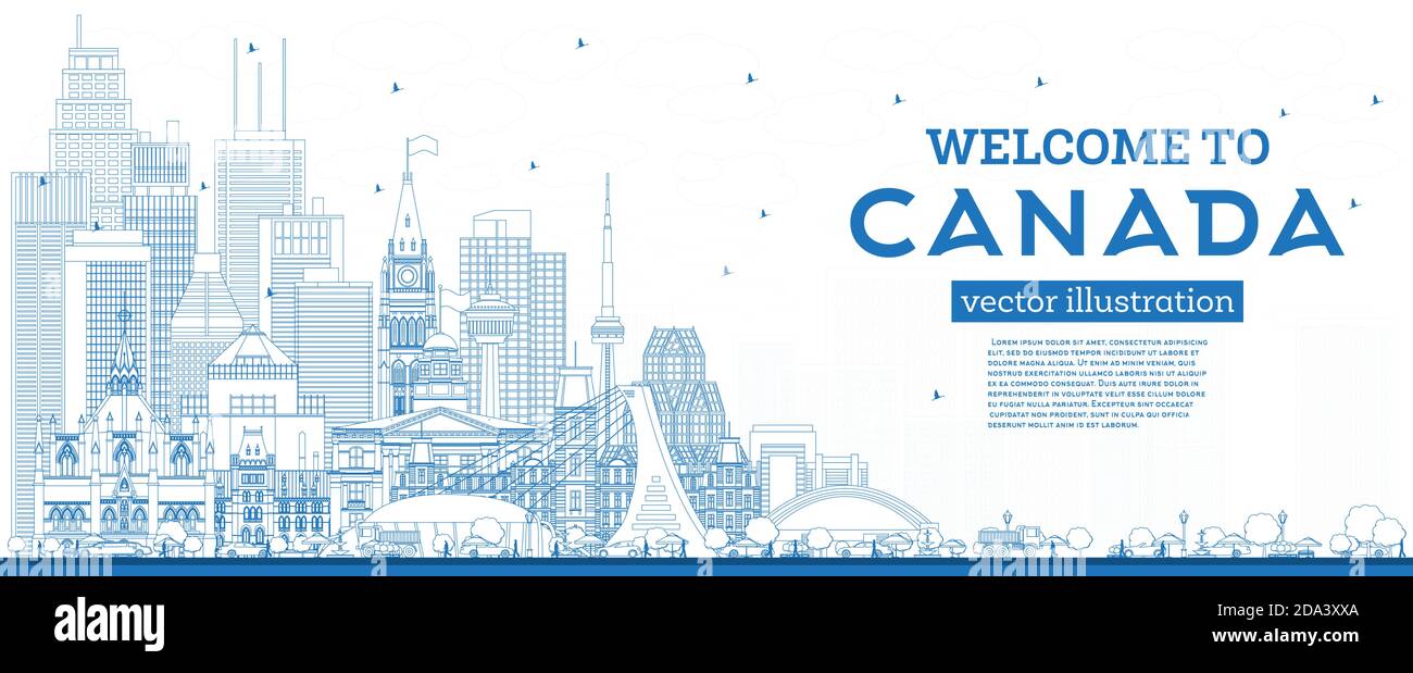 Aperçu Bienvenue à Canada City Skyline avec Blue Buildings. Illustration vectorielle. Concept avec architecture historique. Canada Cityscape avec des points de repère. Illustration de Vecteur