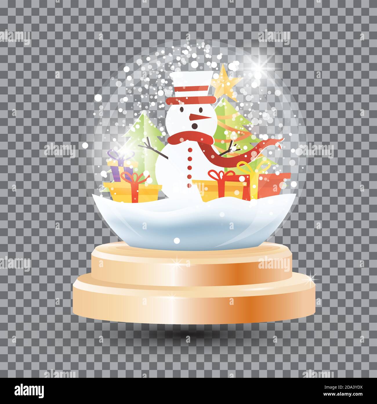 Boule de Noël magique en cristal avec bonhomme de neige, boîtes cadeaux et sapin. Illustration vectorielle. Boule à neige souvenir en verre sur grille transparente. Objet unique. Illustration de Vecteur