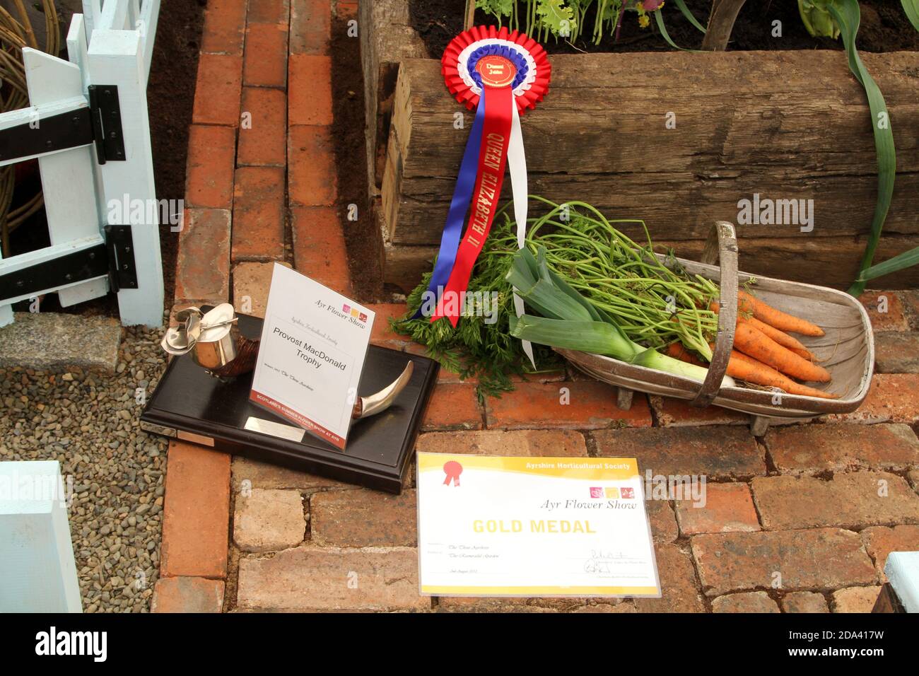 Ayr Flower Show, Ayrshire, Écosse Affichage de légumes et rosettes gagnantes. Banque D'Images