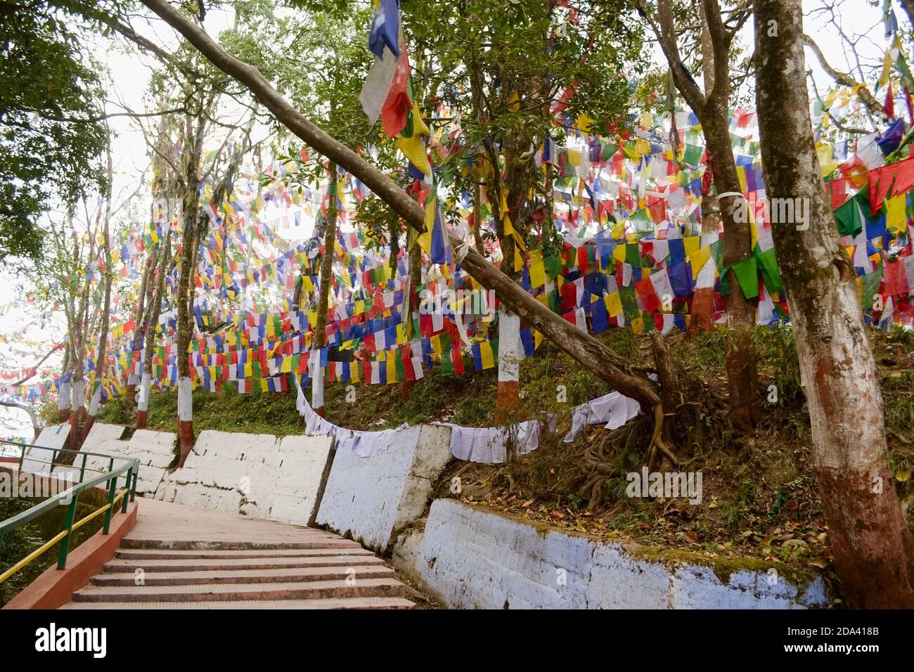 Drapeaux de prière du bouddhisme coloré dans le temple de Mahakal sur la colline de l'Observatoire, drapeaux bouddhistes de prière colorés, Darjeeling, Inde Banque D'Images