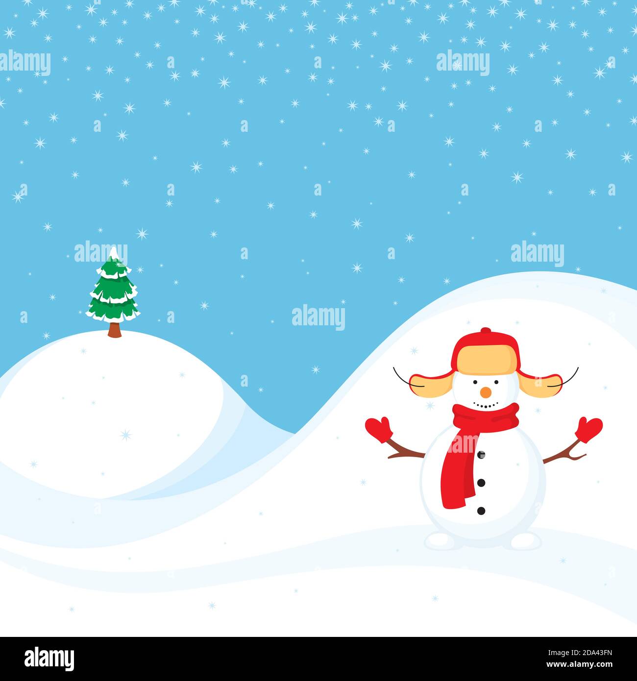 Illustration d'hiver avec bonhomme de neige. Le bonhomme de neige est vêtu d'un requin, d'un foulard et de moufles. Neige. Illustration de Vecteur
