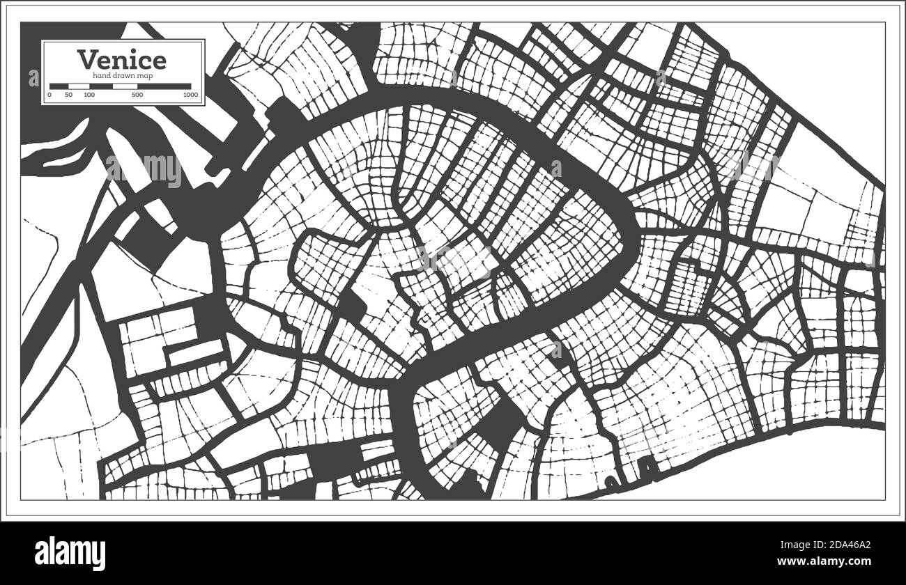 Venise carte de la ville en couleur noir et blanc en style rétro. Carte de contour. Illustration vectorielle. Illustration de Vecteur