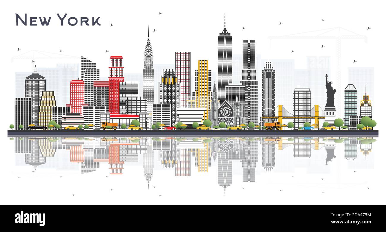 New York USA City Skyline avec gratte-ciel gris et réflexions isolées sur blanc. Illustration vectorielle. Illustration de Vecteur