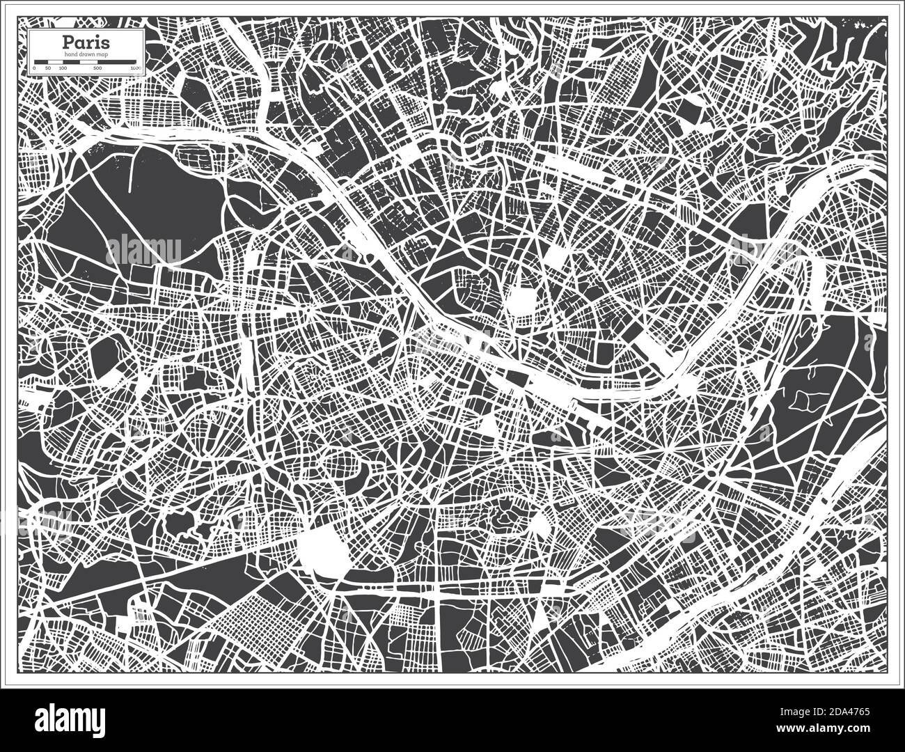 Paris France carte de la ville en noir et blanc en style rétro. Carte de contour. Illustration vectorielle. Illustration de Vecteur
