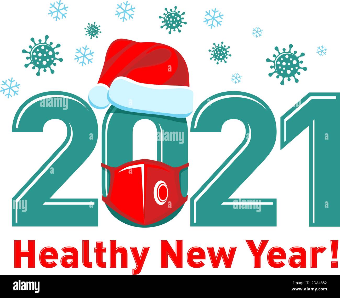 2021 affiche ou logo du concept de la nouvelle année saine avec chapeau de père Noël et masque rouge. Arrêter le coronavirus de la grippe. Vecteur sur fond transparent Illustration de Vecteur