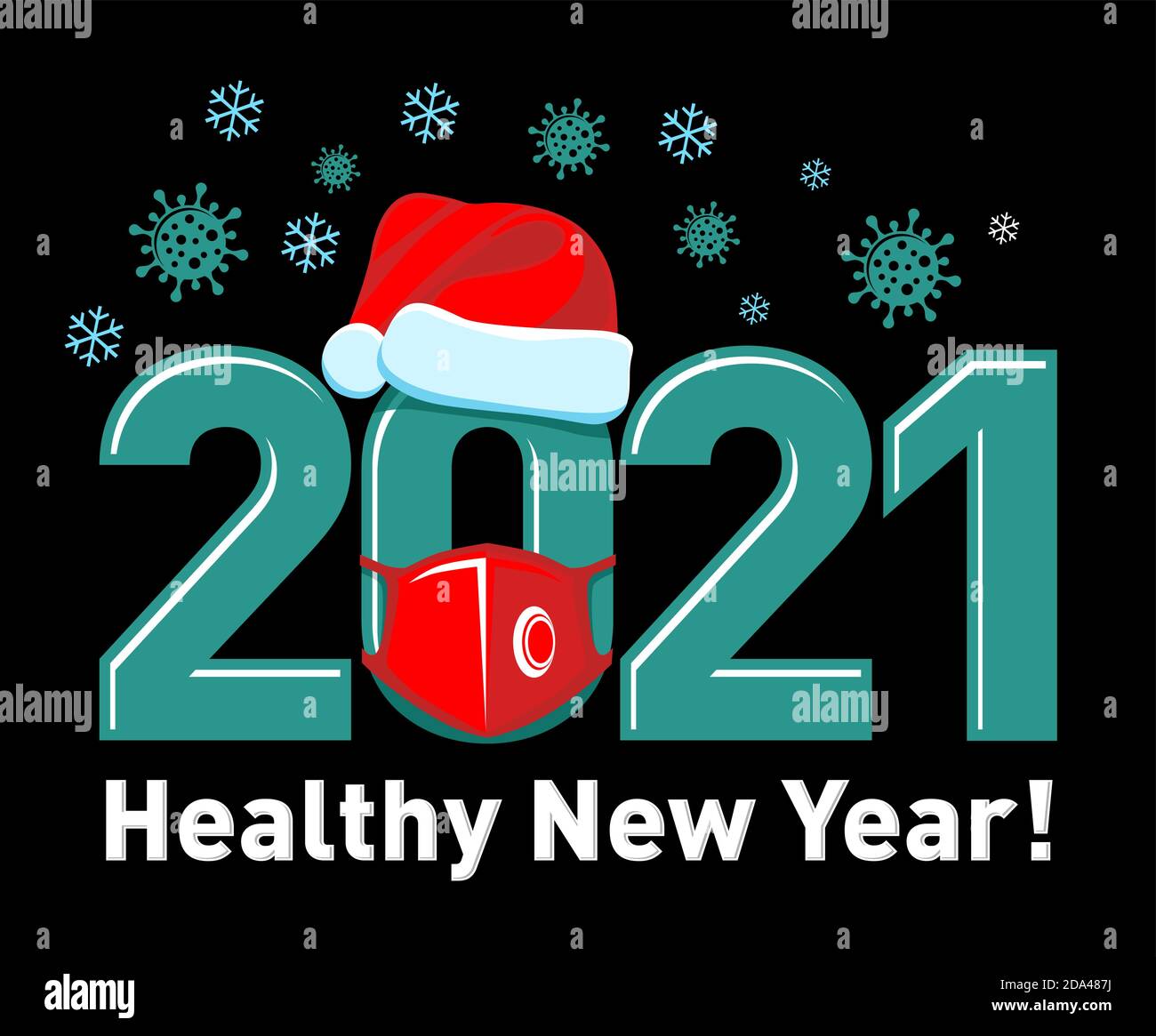 2021 affiche ou logo du concept de la nouvelle année saine avec chapeau de père Noël et masque rouge. Arrêter le coronavirus de la grippe. Vecteur sur fond noir Illustration de Vecteur