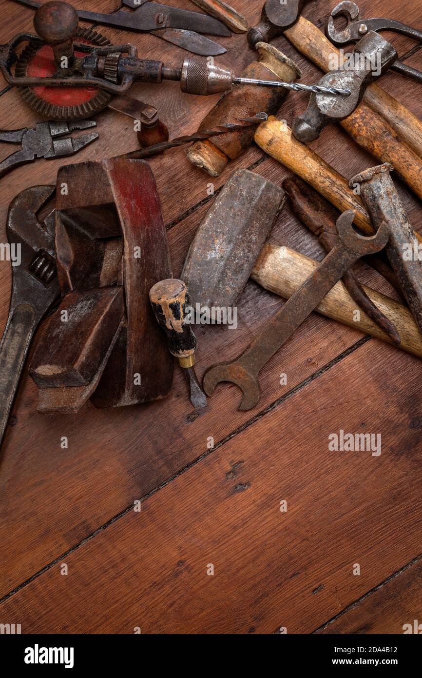 Arrière-plan d'anciens outils vintage avec sapce pour le texte. Banque D'Images