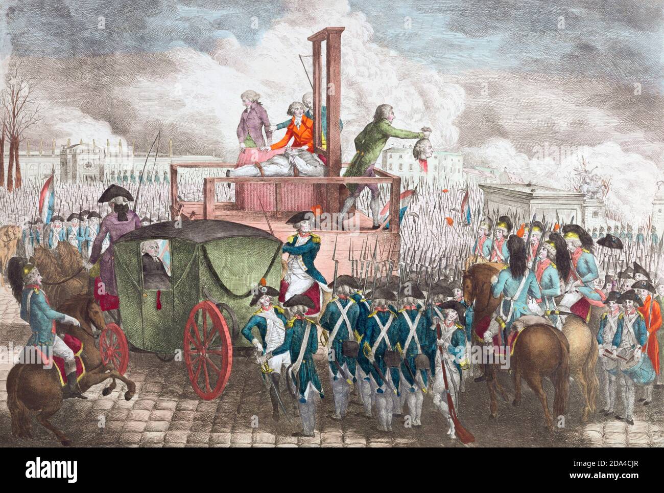 L’exécution par guillotine sur la place de la Concorde à Paris le 21 janvier 1793 du roi de France Louis XVI pendant la Révolution française. Après une impression couleur à la main du milieu des années 1790. Banque D'Images