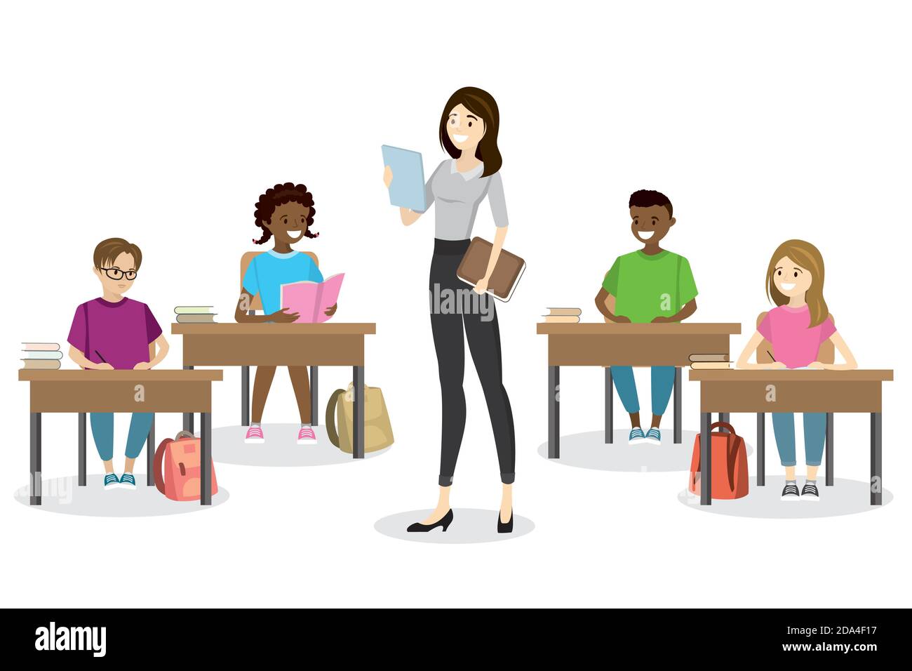 Étudiants adolescents assis sur le lieu de travail et enseignant debout Illustration de Vecteur