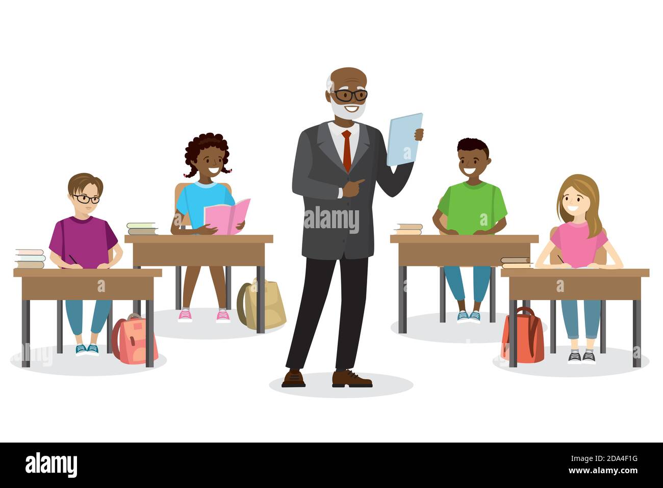 Étudiants adolescents assis sur le lieu de travail et enseignant debout Illustration de Vecteur
