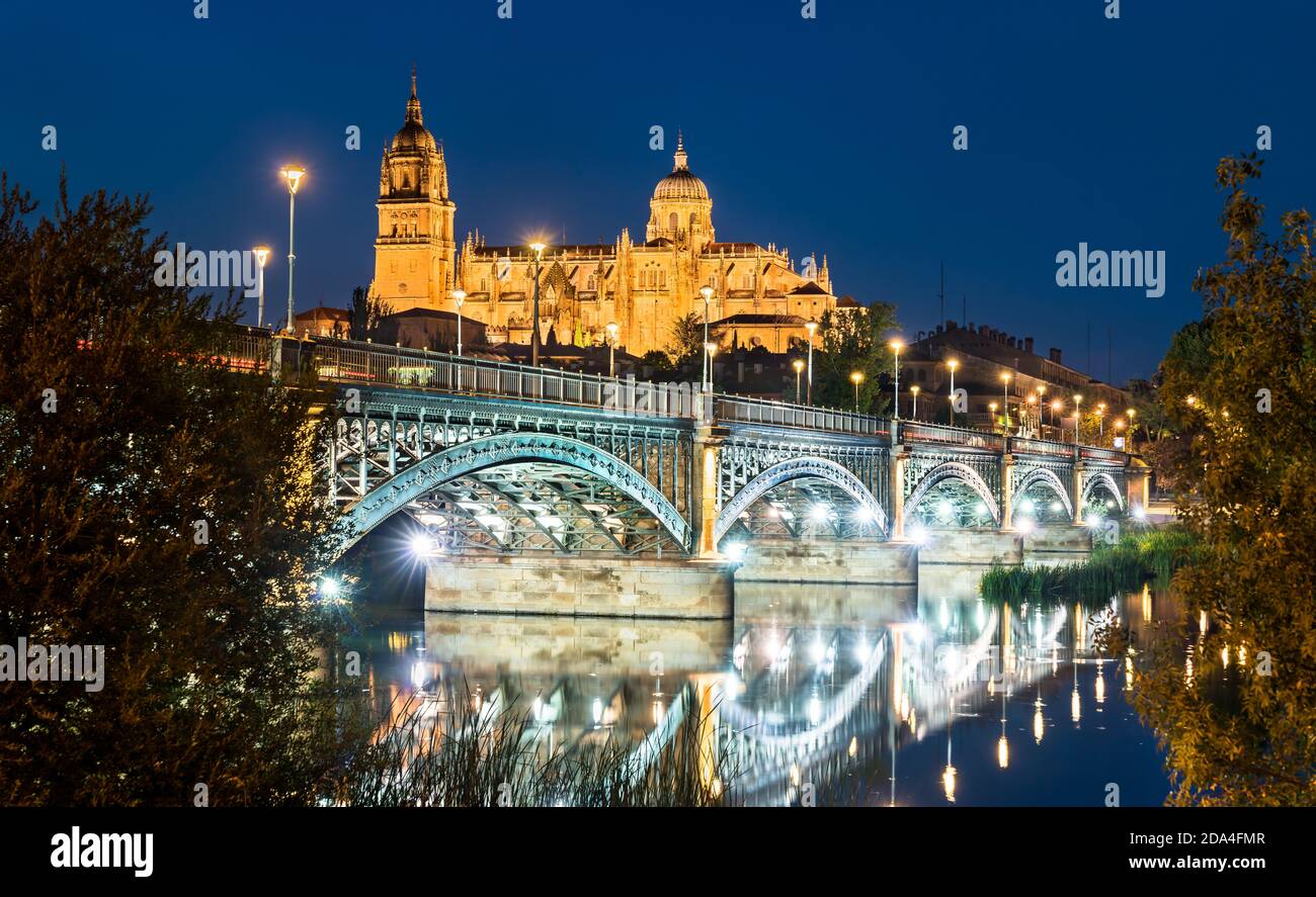 La Nouvelle cathédrale et le pont Enrique Estevan à Salamanque, Espagne Banque D'Images