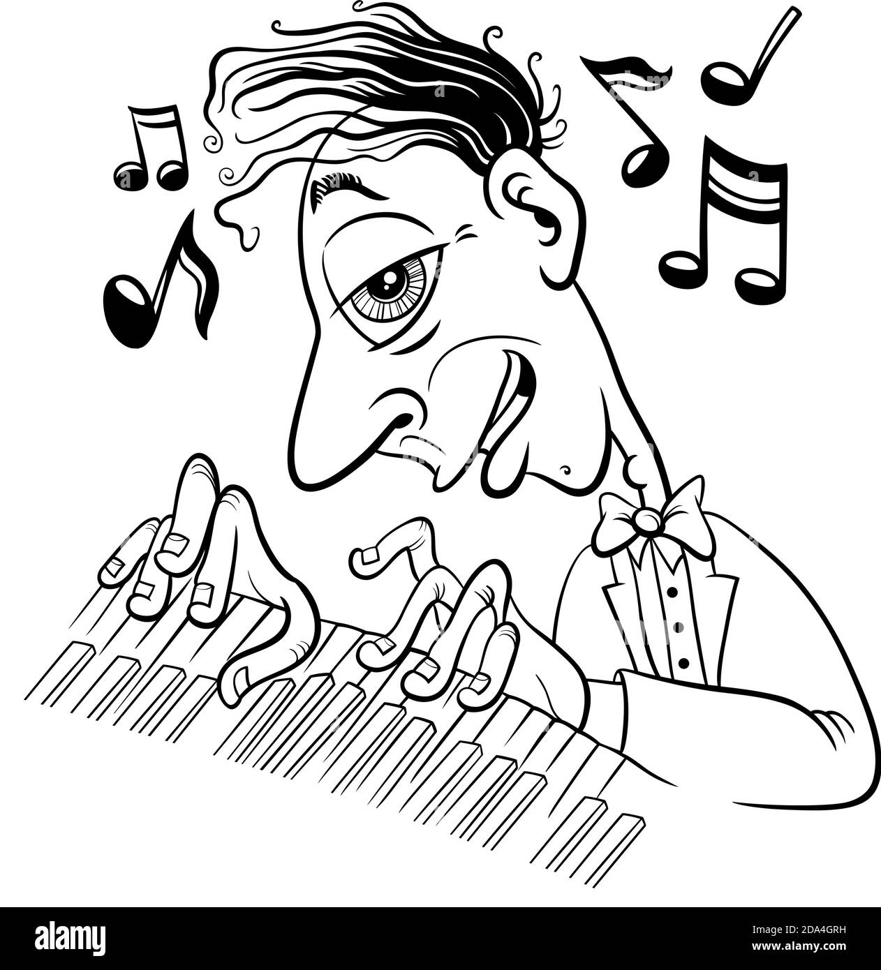 Dessin animé en noir et blanc, illustration du pianiste musicien jouant le page de livre de coloriage pour piano Illustration de Vecteur