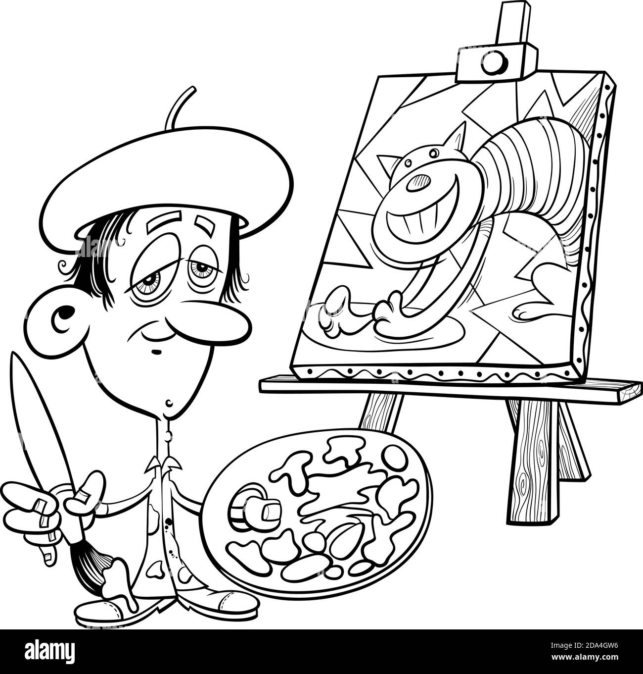 Dessin animé noir et blanc de peintre artiste avec son page de livre de coloriage de peinture Illustration de Vecteur