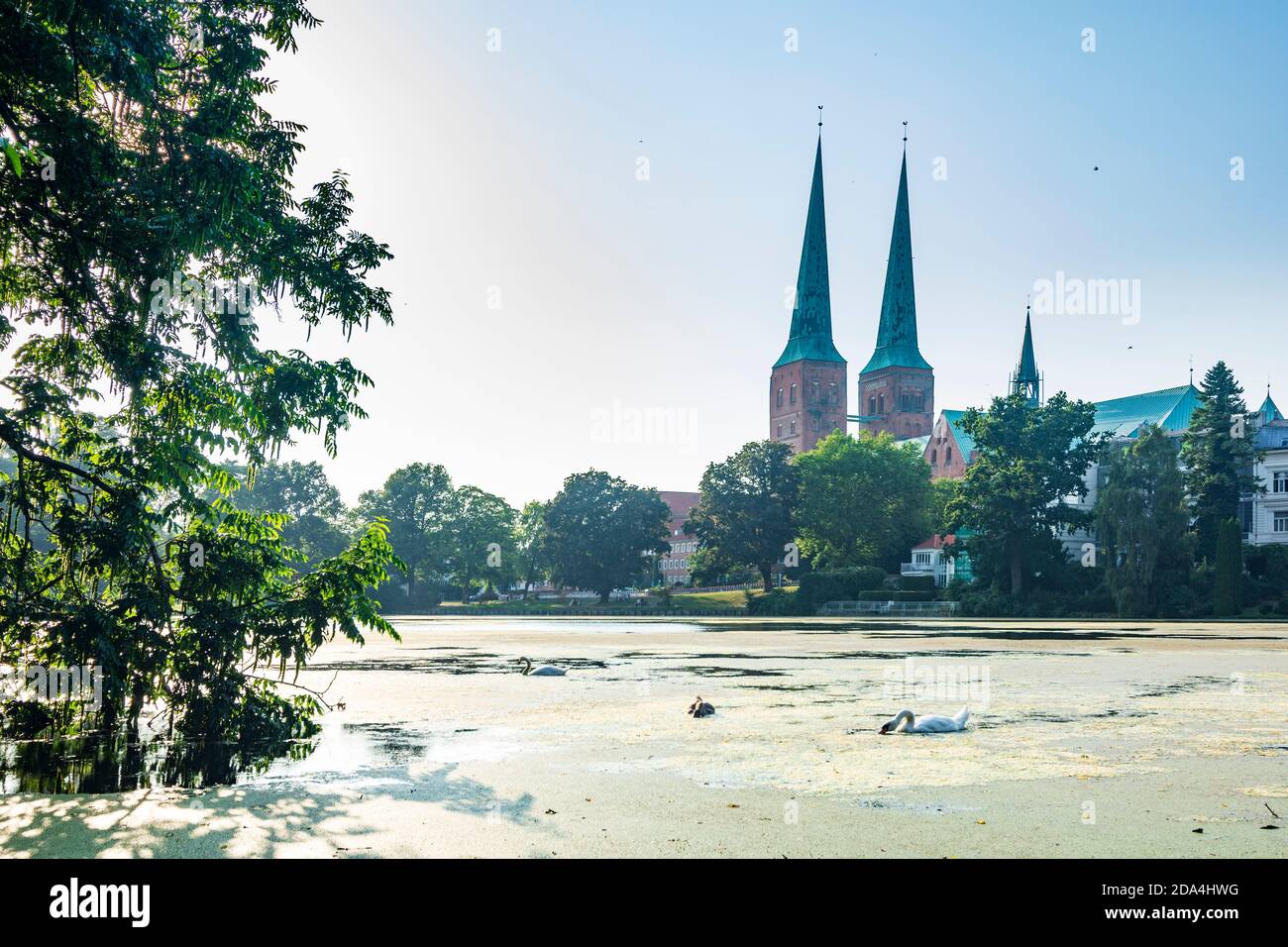 Lübeck: Cathédrale de Lübeck, étang Mühlenteich, Ostsee (mer Baltique), Schleswig-Holstein, Allemagne Banque D'Images