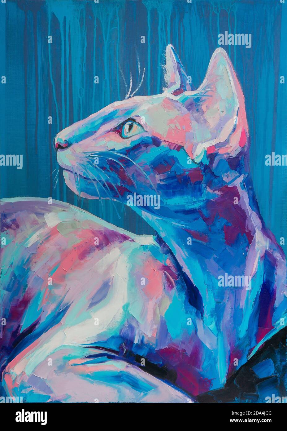 Huile de chat portrait peinture dans des tons de lune. Peinture abstraite conceptuelle d'un museau de chat. Gros plan d'une peinture à l'huile et couteau à palette sur toile. Banque D'Images