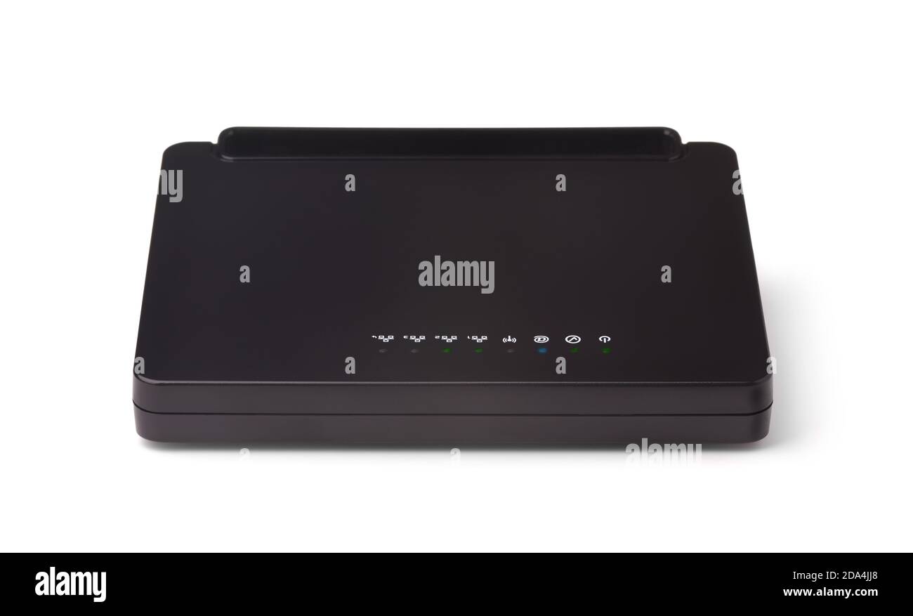 Vue avant du routeur Ethernet noir isolé sur blanc Banque D'Images Vue avant du routeur Ethernet noir isolé sur blanc Banque D'Images
