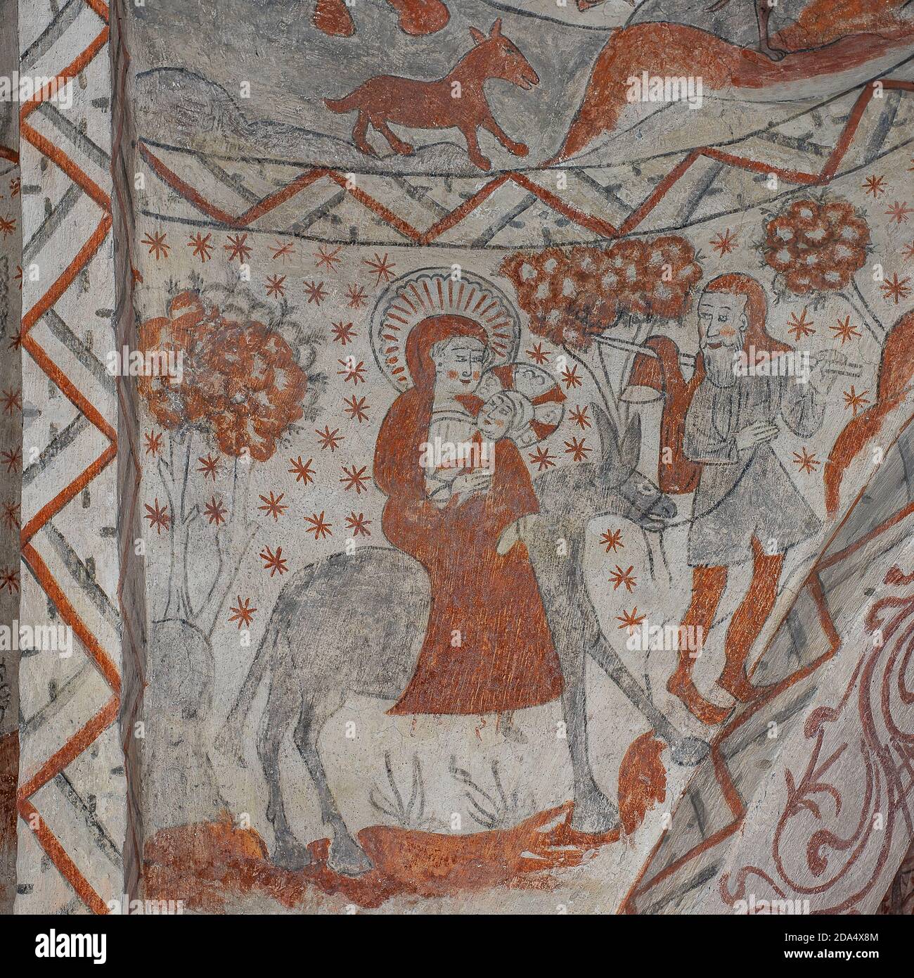 L'évasion en Egypte, une fresque ancienne des années 1480 de la famille sainte à l'église de Tuse, Danemark, 16 juillet 2020 Banque D'Images