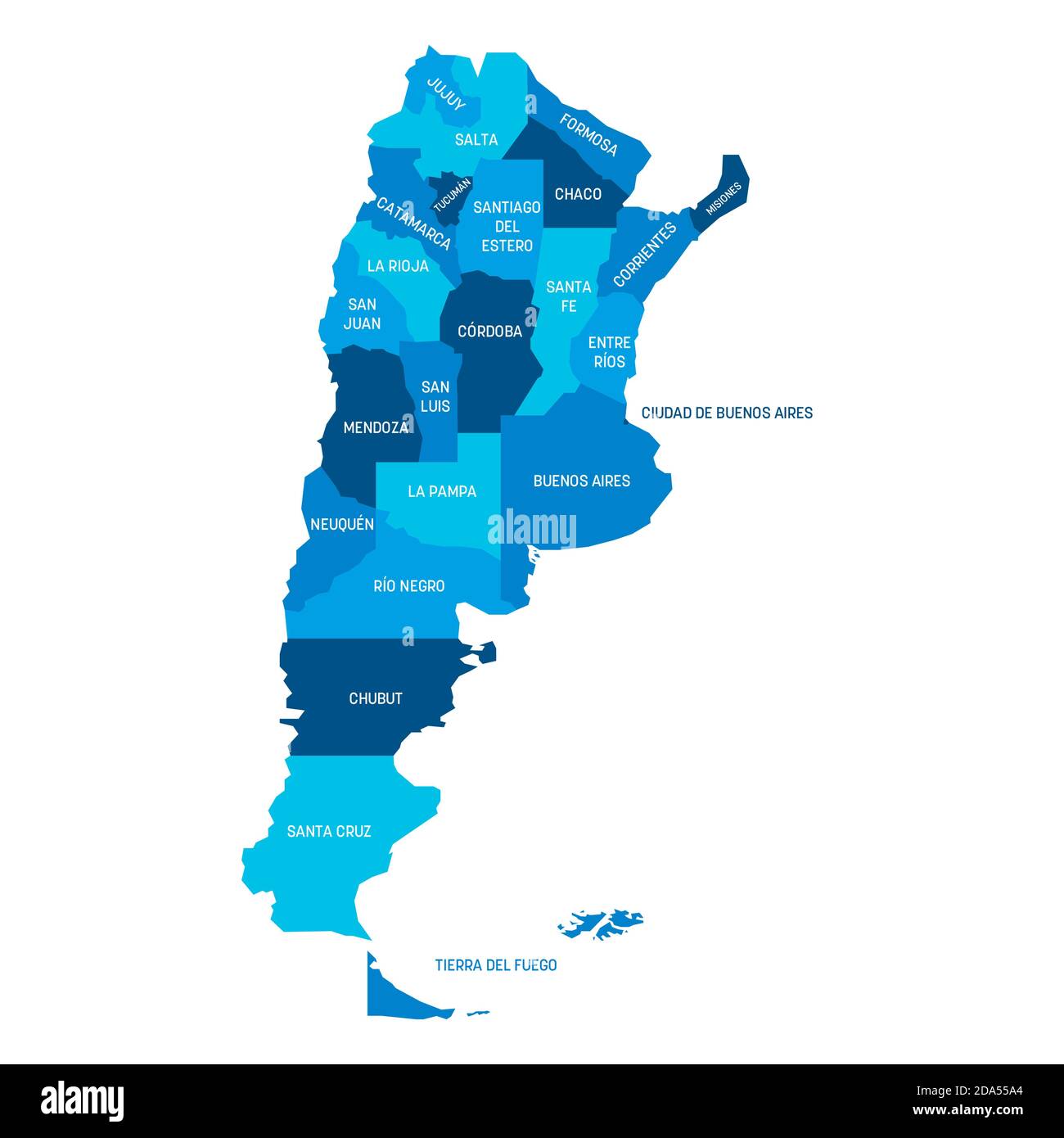 Carte politique bleue de l'Argentine. Divisions administratives - provinces. Carte vectorielle plate simple avec étiquettes. Illustration de Vecteur