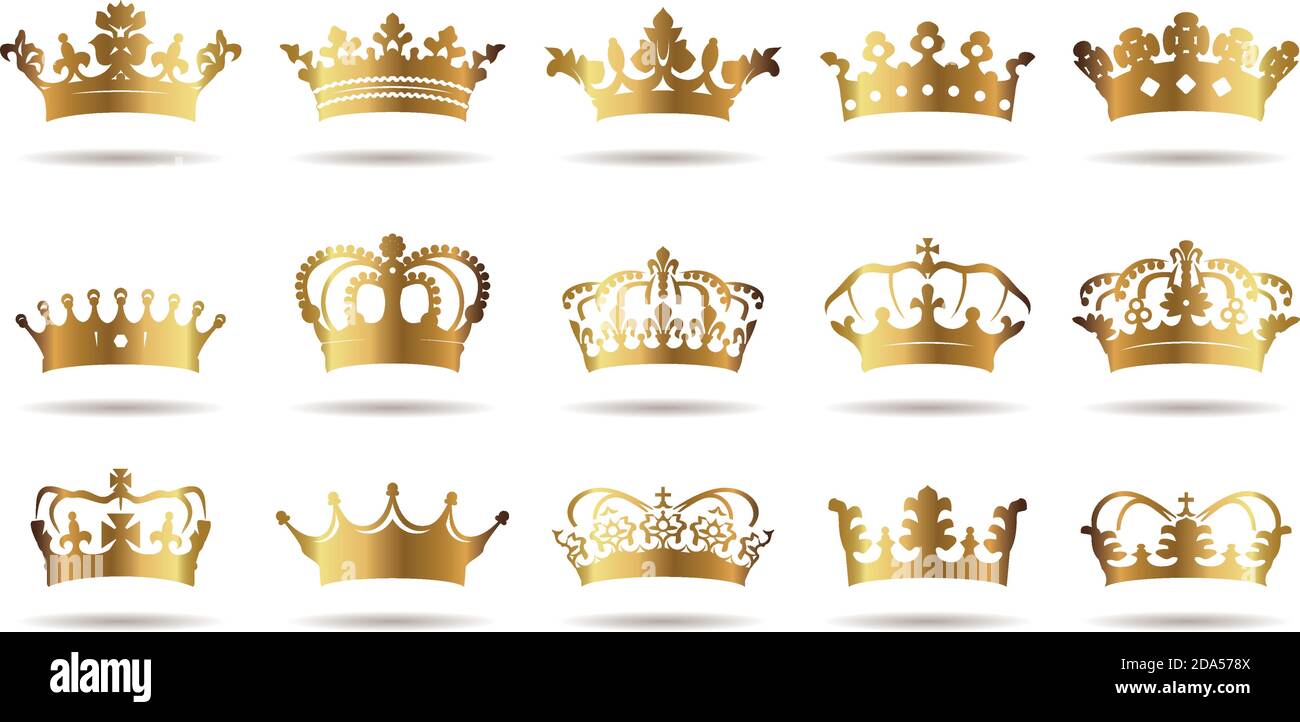 Placez les couronnes de roi dorées vectorielles sur un fond blanc. Illustration vectorielle. Emblème, icône et symboles royaux. Illustration de Vecteur