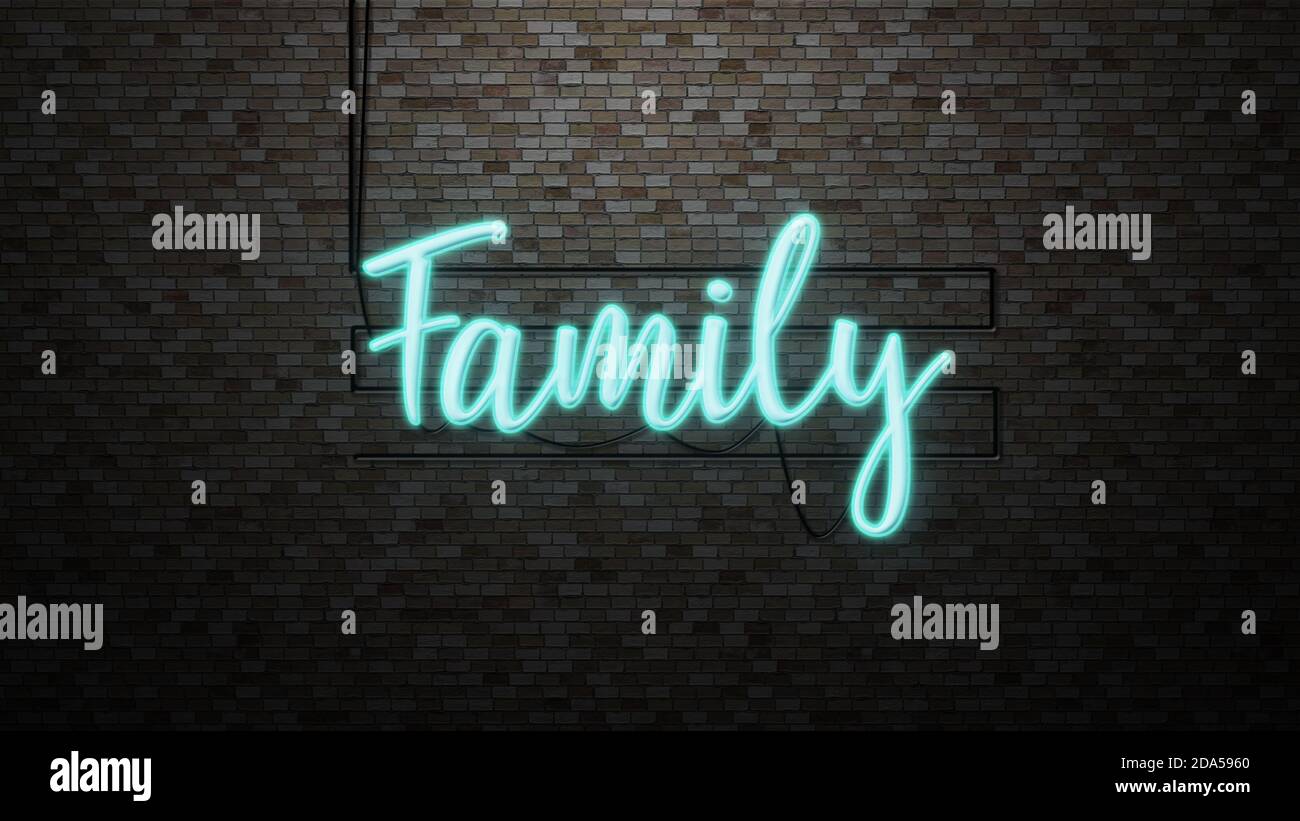 Le message « Family » néon lumière sur mur brique bakground Banque D'Images