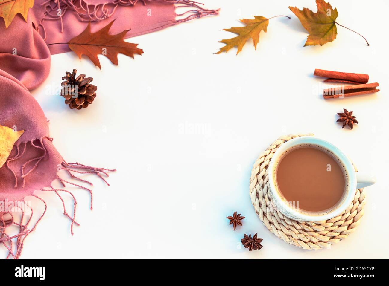 Étaler à plat d'automne avec une tasse de cacao ou de café, de l'anis étoilé, des bâtons de cannelle, des feuilles mortes et du châle rose sur fond blanc Banque D'Images