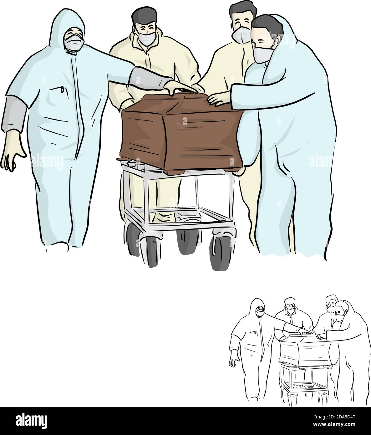 Quatre personnes sont en costume d'EPI ou en équipement de protection individuelle l'illustration de la manipulation de cercueil pour la mise au rebut du vecteur esquisse de la main de la boodle tracé isolé Illustration de Vecteur