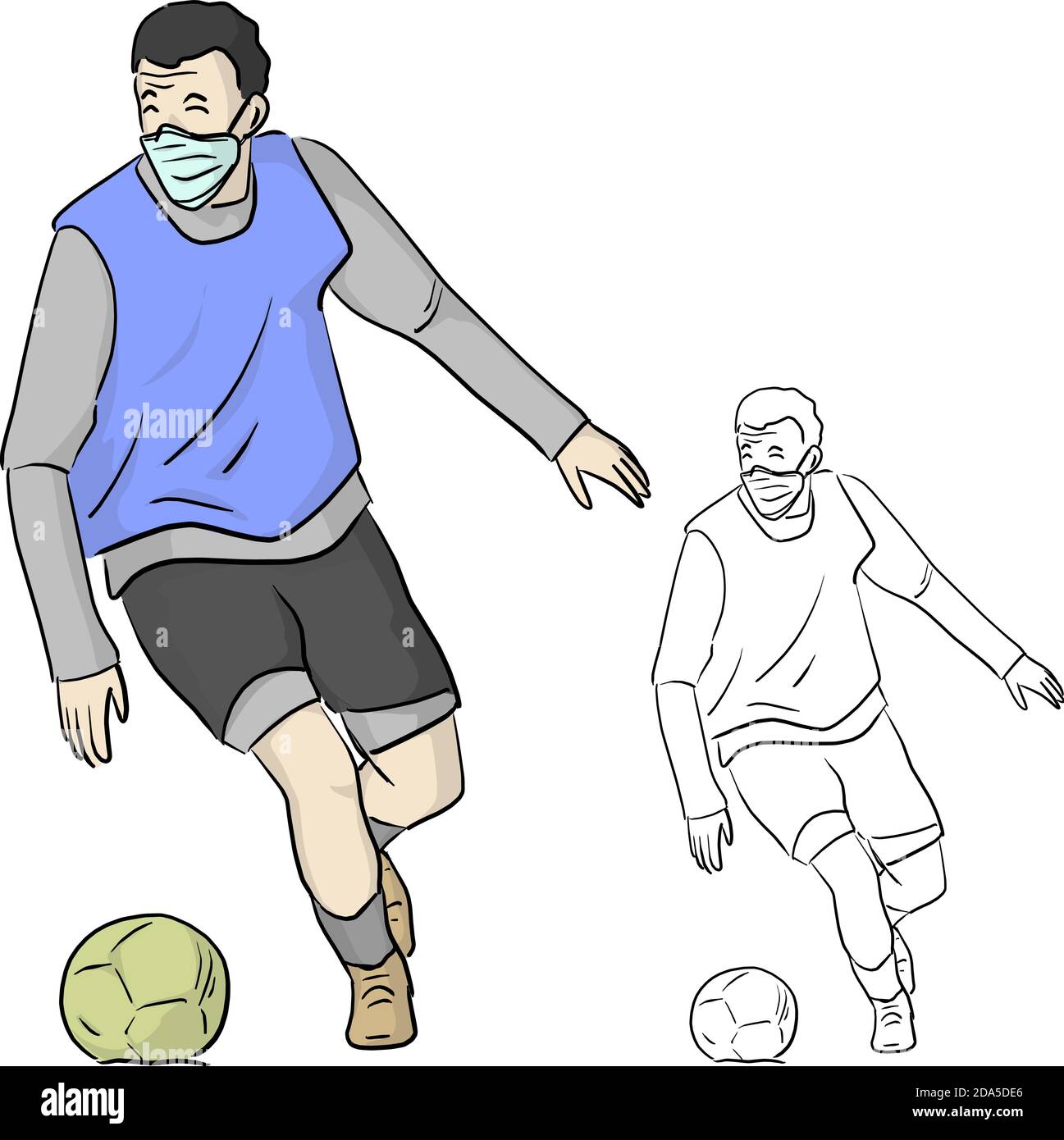 soocer joueur avec l'entraînement de masque médical dans le terrain de football à Prévenir Covid-19 vecteur de virus illustration esquisse Doodle main dessiné avec lignes noires isola Illustration de Vecteur